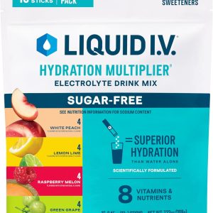 Liquid I.V.® Hydration Multiplier Sugar-Free - Raspberry Melon, Lemon Lime, White Peach, Green Grape | Electrolyte Powder Drink Mix |1 Pack (16 Servings)